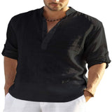 Men's V-neck t shirt Blouse Cotton Linen Shirt Loose Tops Long Sleeve Shirt Spring Autumn Casual Handsome Mart Lion BLACK S China