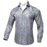 Paisley Floral Men's Shirt Silver White Casual Long Sleeve Social Collar Shirts Brand Button Blouses MartLion   