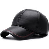 Solid Men's Winter Baseball Cap with Earflaps PU Leather Outdoor Snapback Hat Thicken Keep Warm Gorras Trucker Caps MartLion black  