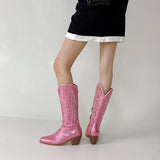 Women Boots Low Heel Shoes Cool British Embroidered Design Soft Short Party Knee High Pink Cowboy Mart Lion   