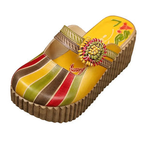 Summer Shoes Women Wedge Slides Cover Handmade Toes Flower Thick Heels Genuine Leather Lady Platform Slippers MartLion Yellow 40 