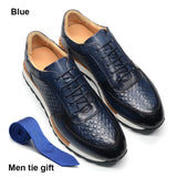 4 Colors Genuine Leather Men's Luxury Sneakers Plaid Weave Pattern Lace-up Casual White Leather Shoes Deals Spring Autumn MartLion Blue EUR 44 