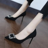 Women Mid Heeled Sandals Black Square Buckle Pointed Thin Heeled Baotou Banquet High Heeled Shoes MartLion   