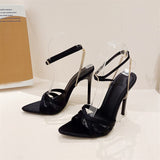 Liyke Black Heels For Women Metal Chain Sandals Narrow Band Open Toe Buckle Strap Ladies Party Stripper Shoes Mart Lion   