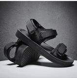 Pure Black Men's Casual Sandals For Wide Foot Hook Loop Summer Open Shoes Adjustable Breathable Soft MartLion   