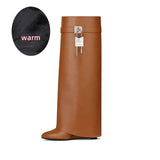 Women's Knee Length Slope Heel Shark Boots Thick Sole High Heel Thigh Round Head Warmth MartLion brown cowhide Plush 35 