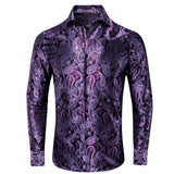 Lilac Mauve Lavender Purple Silk Men's Shirts Luxury Lapel Long Sleeve Dress Shirt Jacquard Blouse Wedding Prom MartLion CY-1039 S 