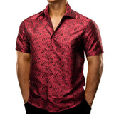 Barry Wang Men's Shirts Short Sleeve Silk Embroidered Red Green Blue Purple Gold Paisley Slim Fit Casual Blouses Lapel Tops MartLion 0221 S 