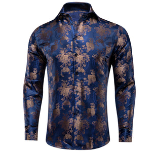 Hi-Tie Men's Silk Shirts Jacquard Paisley Floral Long Sleeve Lapel Shirt Blouse Outerwear Wedding Office Breathable MartLion   