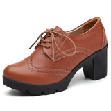 Women Pumps Shoes T High Heels Brogue High Square Heel Genuine Leather Wedge Richelieu MartLion 768-Brown 39 