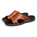 Summer Men's Sandals Genuine Leather Slippers Roman Flats Slippers Roman Style Beach Outdoor Flip Flops Mart Lion Brown 6.5 