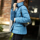 Neck Belted Duck Down Puffer Jackets Women Casual Winter Warm Short Coat Female Outwear Clothes MartLion Blue L 