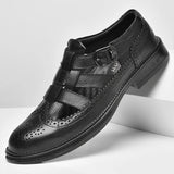 Summer Hollow-out Brogues Shoe Men's Luxury Genuine Leather Dress Buckle Black Sandals MartLion black 9232 38 CHINA