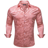 Luxury Shirts Men's Silk Satin Silk Gray Leaves Long Sleeve Blouses Casual Lapel Tops Breathable Streetwear Barry Wang MartLion 0734 S 