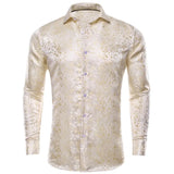  Hi-Tie Blue Men's Shirts Paisley Floral Silk Gold Long Sleeve Casual Shirts Party Wedding Dress MartLion - Mart Lion