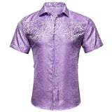 Barry Wang Luxury Purple Floral Men's Summer Silk Casual Shirt Stylish Lapel Pattern Short Sleeve Shirt Blouse Fit MartLion CY-0216 S 