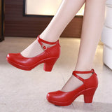 Women Pumps With High Heels For Ladies Work Shoes Dancing Platform Pumps Genuine Leather Mary Janes MartLion Red 33 