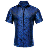 Hi-Tie Blue Red Green Beige Short Sleeves Men's Shirts Jacquard Silk Paisley Spring Summer Hawaii Shirt Wedding MartLion CY-1476 S 