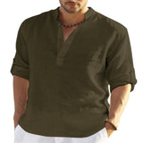 Men's V-neck t shirt Blouse Cotton Linen Shirt Loose Tops Long Sleeve Shirt Spring Autumn Casual Handsome Mart Lion Army green S China