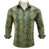 Designer Men's Shirts Silk Gold Embroidered Paisley Flower Long Sleeve Casual Blouses Slim Fit Clothing Lapel Tops Barry Wang MartLion 0437 S 