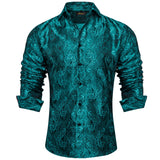 Treal Green Paisley Men's Long Sleeve Shirt Floral Casual Silk Regular-fit Button-down Collar Tuxedo Dress Clothing MartLion   