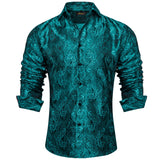 Luxury Blue Black Paisley Silk Shirts Men's Long Sleeve Wedding Party Prom Tuxedo Dress Casual Designer Clothing MartLion   