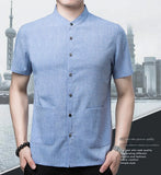Men's Short-sleeved Seasonal Shirt with Stand Collar Linen Casual Daily Large Pocket Stand Collar Half Sleeve Shirt MartLion   