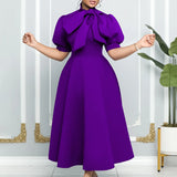 Party Dresses Woman Bow Collar Short Sleeve  Waisted Pleated Ankle Length Birthday Party Robe MartLion Purple Dress XXXL 