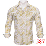 Luxury Silk Shirts Men's Long Sleeve Red Black Floral Embroidered Slim Fit Tops Button Down Collar Clothes Barry Wang MartLion   