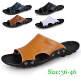 Men's Slippers Summer Genuine Leather Casual Slides Street Beach Shoes Black Cow Leather Sandals Mart Lion   