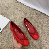 Retro Ultra-soft Women Shoes Spring Bow Red Flat Sole Single Shoe Leisure Leather Ballet MartLion   