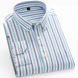 Men's Casual Long Sleeve Woven Button Down Shirt Single Patch Pocket Standard-fit Plaid Striped Cotton Oxford Shirts MartLion 8186-37 38 