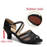 Black Mesh Latin Dance Shoes Hollow Breathable Indoor Dance Training High-heeled Sandals Tango Jazz Party Ballroom Performance MartLion Rubber soles 5.5cm 43 