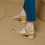 Summer Women Shoes Round Toe Sandals Casual Suede Roman Heels Green Genuine Leather Mid Heels MartLion   