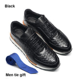 4 Colors Genuine Leather Men's Luxury Sneakers Plaid Weave Pattern Lace-up Casual White Leather Shoes Deals Spring Autumn MartLion Black EUR 46 