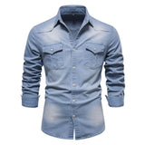 Brand Elastic Cotton Denim Shirt Men's Long Sleeve Cowboy Shirts Casual Slim Fit Designer Clothing MartLion LightBlue USA S 50-60 kg 