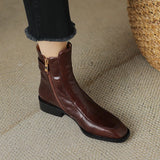 Autumn Boots Square Toe Low Heel Women Shoes Genuine Leather Retro Brown Ankle Block Retro MartLion   