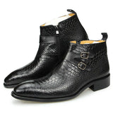 Men's Ankle Boot Genuine Leather Snake Skin Double button and Zipper Motorcycle Combat Casual Work Boots hombre MartLion black 39 