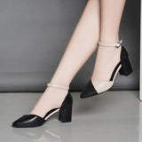 Women Casual Pointed Toe Black Patent Leather Buckle Strap Heel Shoes for Party MartLion   