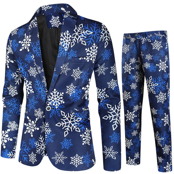 Printed Two-piece Men's Christmas Suit (Jacket Trousers) Stylish Blazer Set Coat with Pants Black Green Blue MartLion   