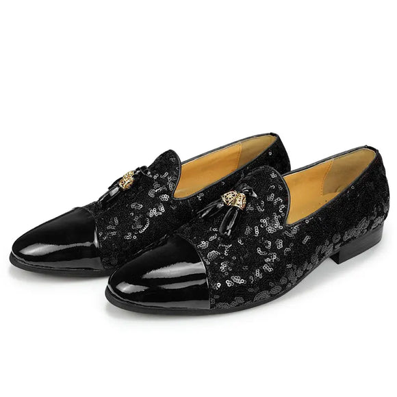 Loafers Dress Shoes Men's Casual Designer Slip-On Sequined Cloth and Patent Leather EVA Sole lazy driving Party concert MartLion   