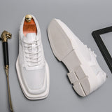 White Square Head Men's Casual Sneakers Mesh Breathable Flat Sports Shoes Formal Derby Mart Lion   