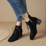 Winter Sheep Suede Women Shoes Square Toe Retro Lace Up Short Boots Chunky Heel High Heel MartLion   