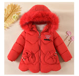 2-8 Years Warm Winter Girls Jacket Fur Collar Removable Hat Plush Lining Heavy Hooded Kids Coat Children Outerwear Send Gloves MartLion JK41-Red 3T(Size 100) 