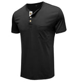 Summer Henley Collar T-Shirts Men's Short Sleeve Casual Tops Tee Solid Cotton Mart Lion   