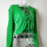 Women Pleated Plain Shirts Fall Chic Long Flare Sleeve V- Neck Tie Up  Tops  Casual Party Street MartLion green S 