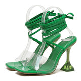 Liyke Strange Style Transparent Spike Heels Clear Sandals Women Square Toe Ankle Cross Lace-Up Party Dress PVC Shoes Mart Lion Green 35 