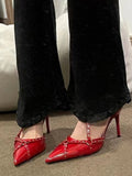 Liyke Style Vintage Rivet Women Pumps Red Leather Pointed Toe Buckle Strap Thin High Heels Summer Office Lady Shoes Mart Lion   