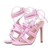 Liyke Summer Design Crystal Weave Strap Women Sandals Open Toe Ankle Cross Lace Up High Heels  Party Prom Shoes Pink MartLion Pink 35 