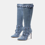 Slim High Heeled Motorcycle Boots for Women Versatile Rivet Style MartLion Denim Blue 36 